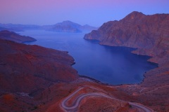 Full moon over Khor Najd, evening, near Khasab, Musandam Fijords, Oman, Arabian Peninsula